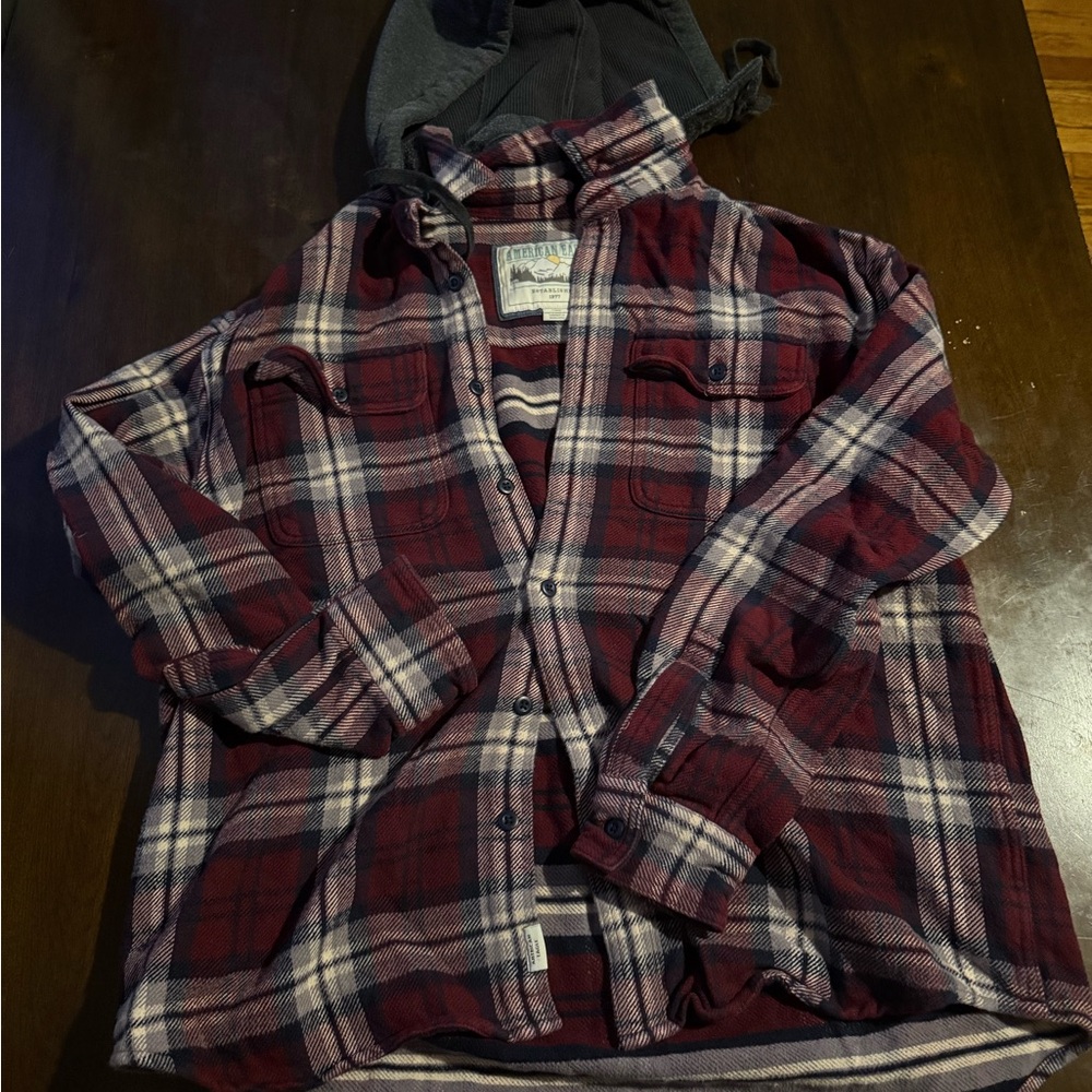 American Eagle Outfitters Red and Blue Plaid Shirt with Hood